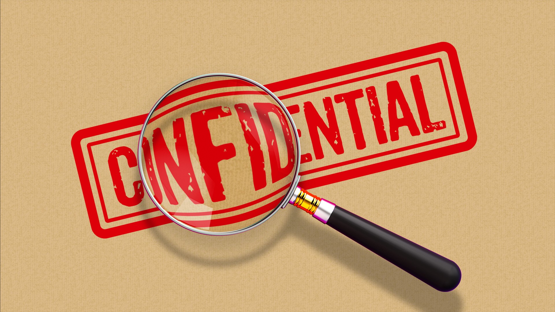 Confidential Stamp with Magnifying Glass on Cardboard Background